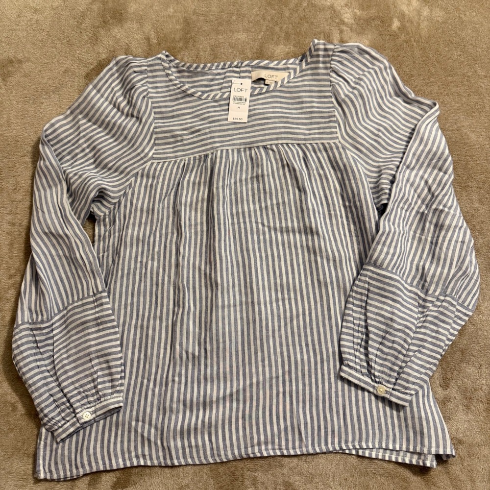 LOFT Womens Blue White Striped Rayon Linen Blouse Top Size M NEW